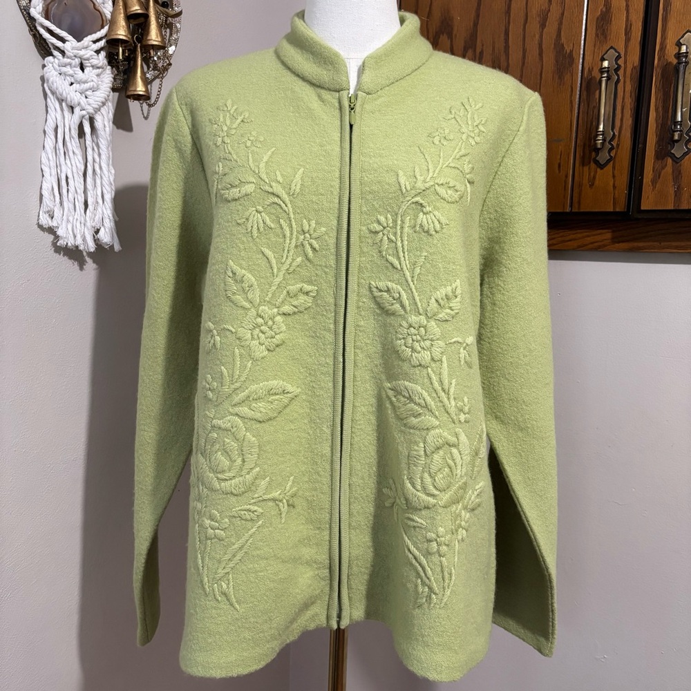 Appleseed's Vintage Green Wool Floral Brocade Cardigan Jacket Size Large Zip Up